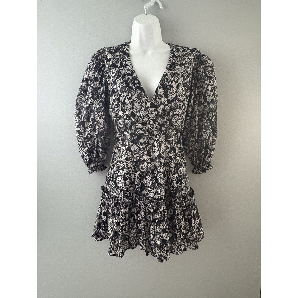 Olivaceous Babydoll Dress S Black White Floral Ruffle Hem Whimsigoth Fairy
